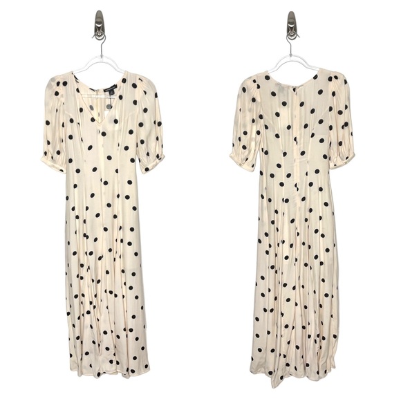 Something Navy | NWT Puff Sleeve Midi Dress in Beige Ecru Polka Dot XXS - Picture 2 of 8